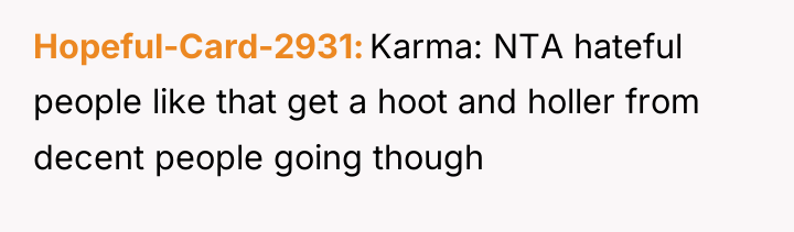 Hopeful-Card-2931 Karma: NTA hateful people like that get a hoot...