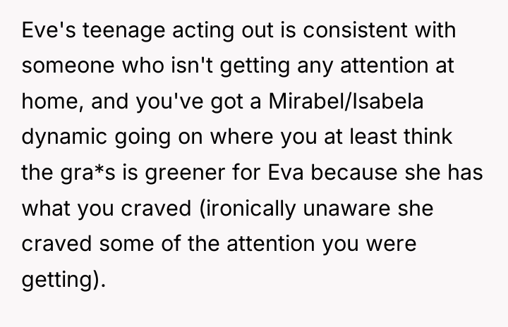 Eve's teenage acting out is consistent with someone who isn't...