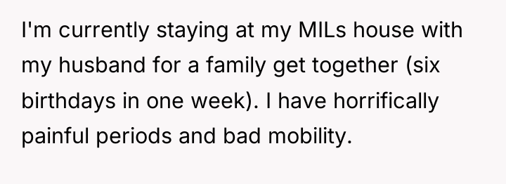 I'm currently staying at my MILs house with my husband...