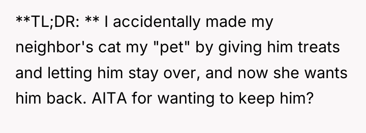 **TL;DR: ** I accidentally made my neighbor's cat my "pet"...