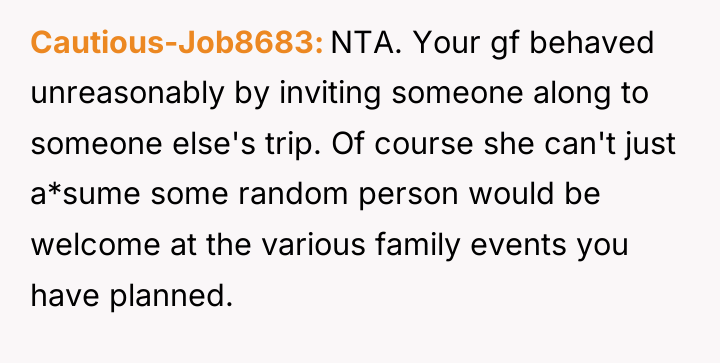 Cautious-Job8683 NTA. Your gf behaved unreasonably by inviting someone along...