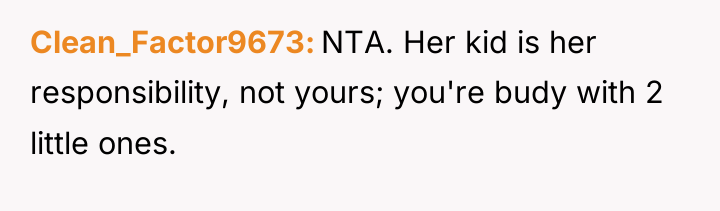 Clean_Factor9673 NTA. Her kid is her responsibility, not yours; you're...