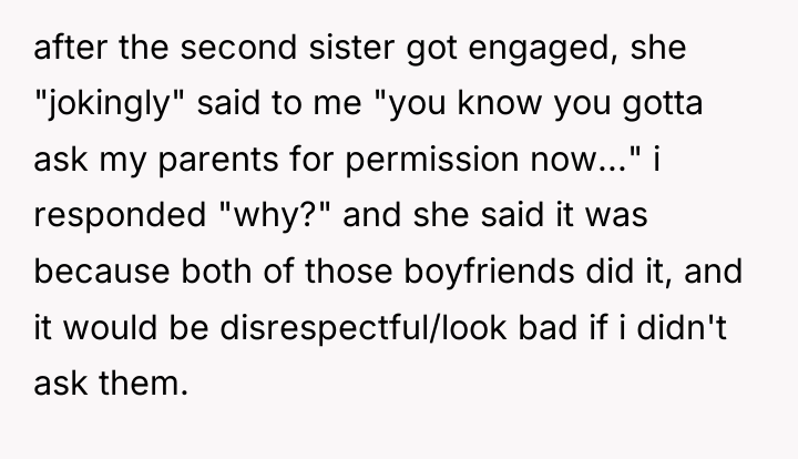 after the second sister got engaged, she "jokingly" said to...