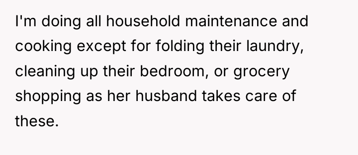 I'm doing all household maintenance and cooking except for folding...