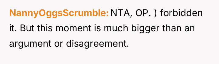 NannyOggsScrumble NTA, OP. ) forbidden it. But this moment is...