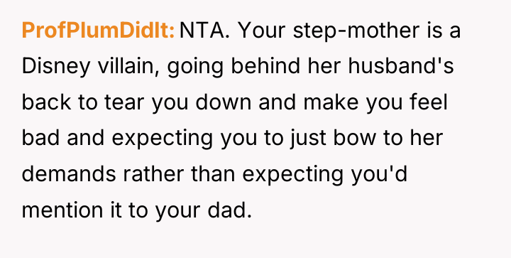 ProfPlumDidIt NTA. Your step-mother is a Disney villain, going behind...