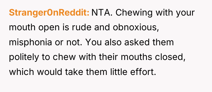 Stranger0nReddit NTA. Chewing with your mouth open is rude and...