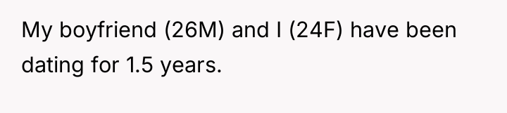 My boyfriend (26M) and I (24F) have been dating for...