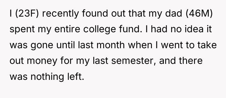 I (23F) recently found out that my dad (46M) spent...