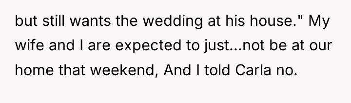 but still wants the wedding at his house." My wife...