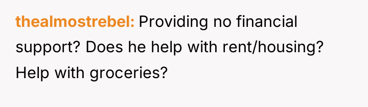 thealmostrebel Providing no financial support? Does he help with rent/housing?...