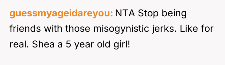 guessmyageidareyou NTA Stop being friends with those misogynistic jerks. Like...