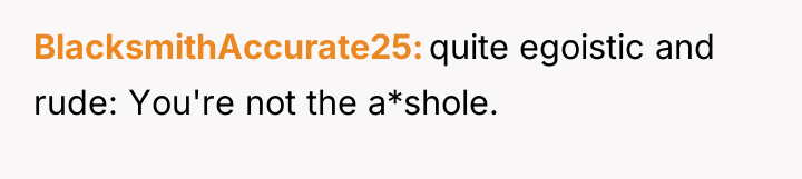BlacksmithAccurate25 quite egoistic and rude: You're not the a*shole.