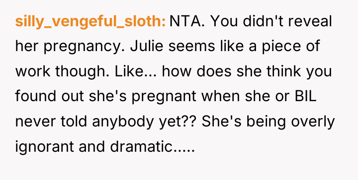 silly_vengeful_sloth NTA. You didn't reveal her pregnancy. Julie seems like...