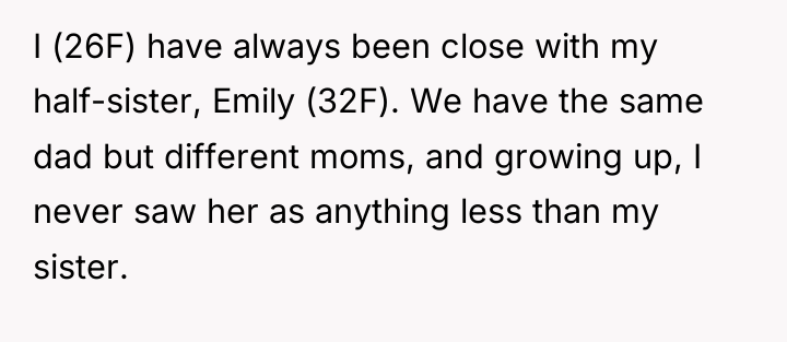 I (26F) have always been close with my half-sister, Emily...