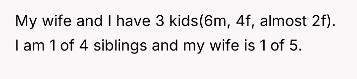 My wife and I have 3 kids(6m, 4f, almost 2f)....