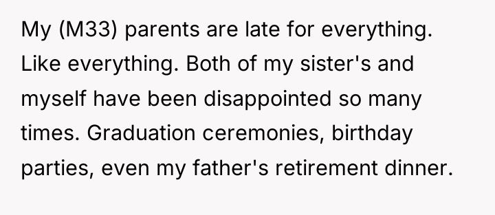 My (M33) parents are late for everything. Like everything. Both...