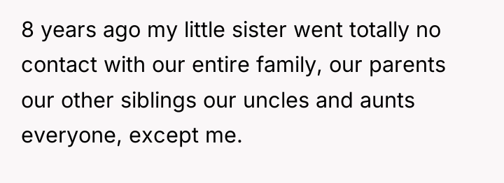 8 years ago my little sister went totally no contact...