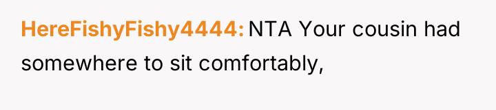 HereFishyFishy4444 NTA Your cousin had somewhere to sit comfortably,