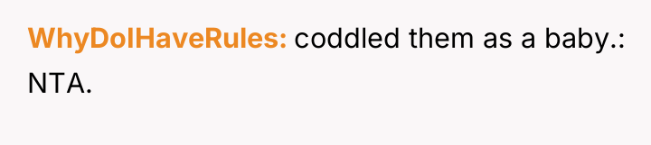 WhyDoIHaveRules coddled them as a baby.: NTA.