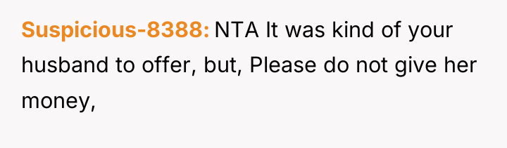 Suspicious-8388 NTA It was kind of your husband to offer,...