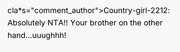 cla*s="comment_author">Country-girl-2212: Absolutely NTA!! Your brother on the other hand...uuughhh!
