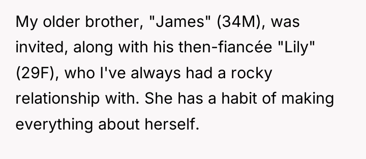 My older brother, "James" (34M), was invited, along with his...