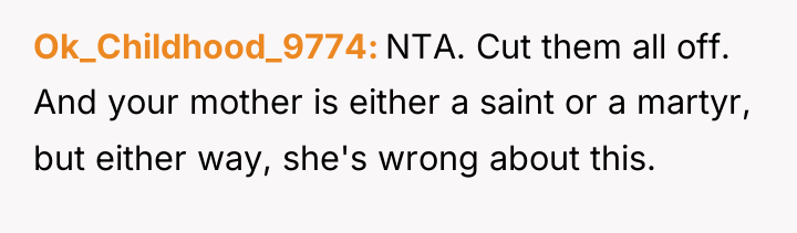 Ok_Childhood_9774 NTA. Cut them all off. And your mother is...