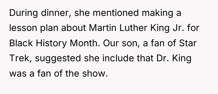 During dinner, she mentioned making a lesson plan about Martin...