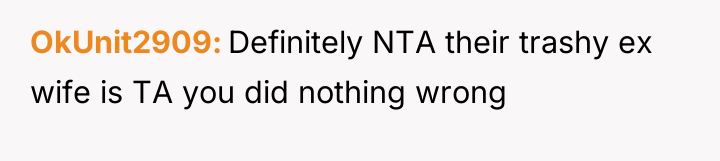 OkUnit2909 Definitely NTA their trashy ex wife is TA you...