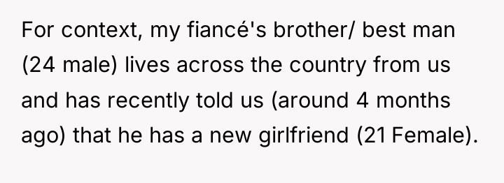 For context, my fiancé's brother/ best man (24 male) lives...