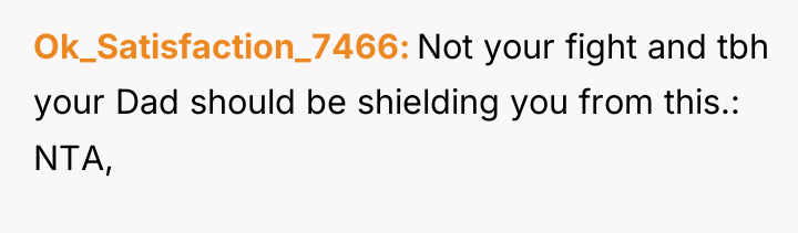 Ok_Satisfaction_7466 Not your fight and tbh your Dad should be...
