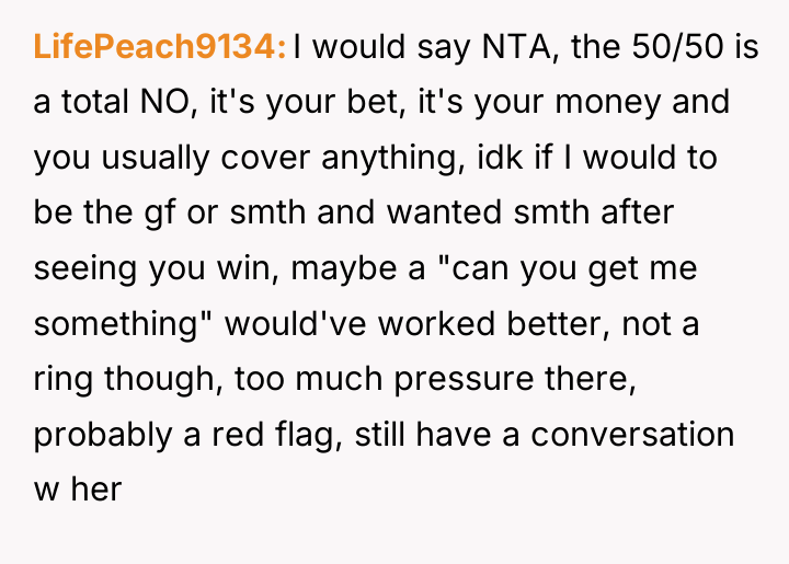 LifePeach9134 I would say NTA, the 50/50 is a total...