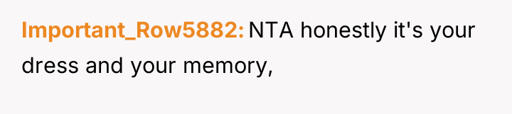 Important_Row5882 NTA honestly it's your dress and your memory,
