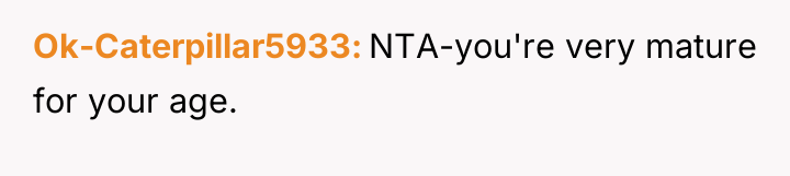 Ok-Caterpillar5933 NTA-you're very mature for your age.