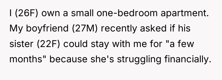 I (26F) own a small one-bedroom apartment. My boyfriend (27M)...