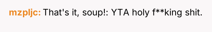 mzpljc That's it, soup!: YTA holy f**king shit.