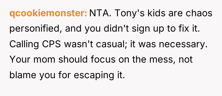 qcookiemonster NTA. Tony's kids are chaos personified, and you didn't...