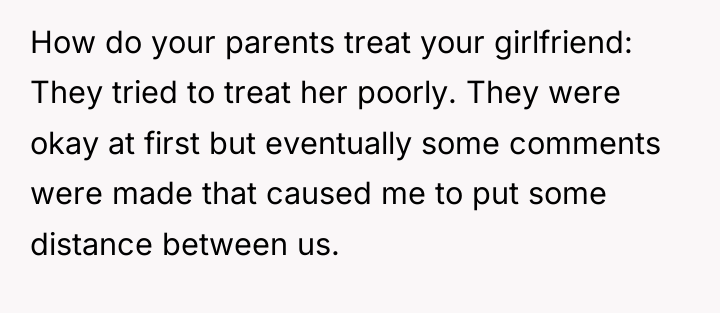 How do your parents treat your girlfriend: They tried to...