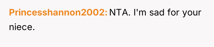 Princesshannon2002 NTA. I'm sad for your niece.