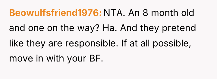 Beowulfsfriend1976 NTA. An 8 month old and one on the...