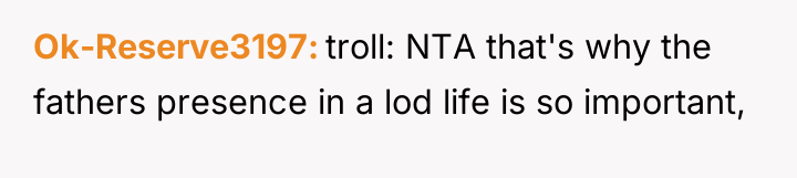 Ok-Reserve3197 troll: NTA that's why the fathers presence in a...