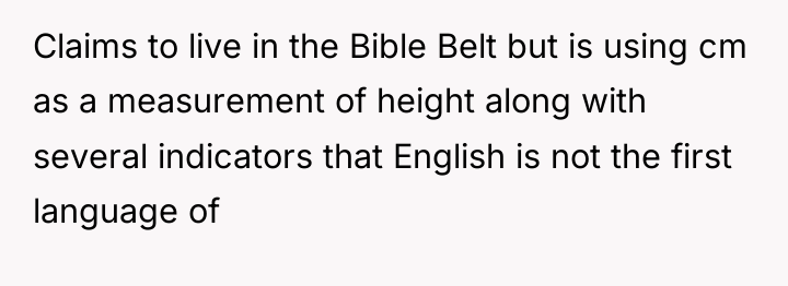 Claims to live in the Bible Belt but is using...