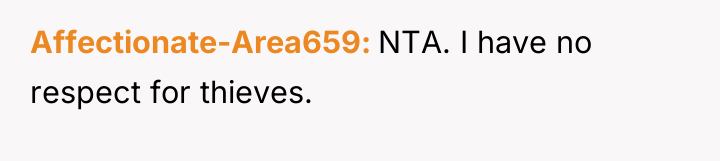 Affectionate-Area659 NTA. I have no respect for thieves.