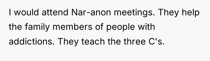 I would attend Nar-anon meetings. They help the family members...