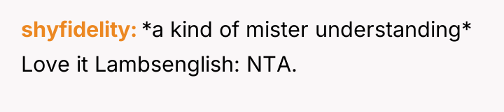 shyfidelity *a kind of mister understanding* Love it Lambsenglish: NTA.