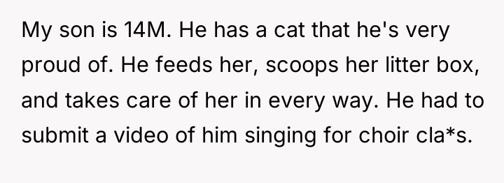 My son is 14M. He has a cat that he's...
