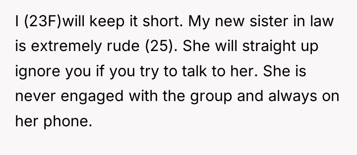 I (23F)will keep it short. My new sister in law...