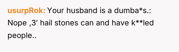 usurpRok Your husband is a dumba*s.: Nope ,3′ hail stones...
