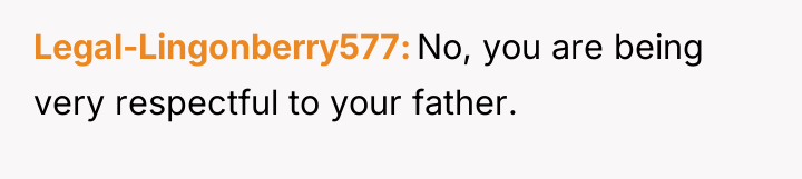 Legal-Lingonberry577 No, you are being very respectful to your father.